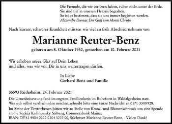 Traueranzeige von Marianne Reuter-Benz von vrm-trauer