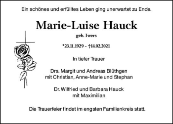 Traueranzeige von Marie-Luise Hauck von vrm-trauer