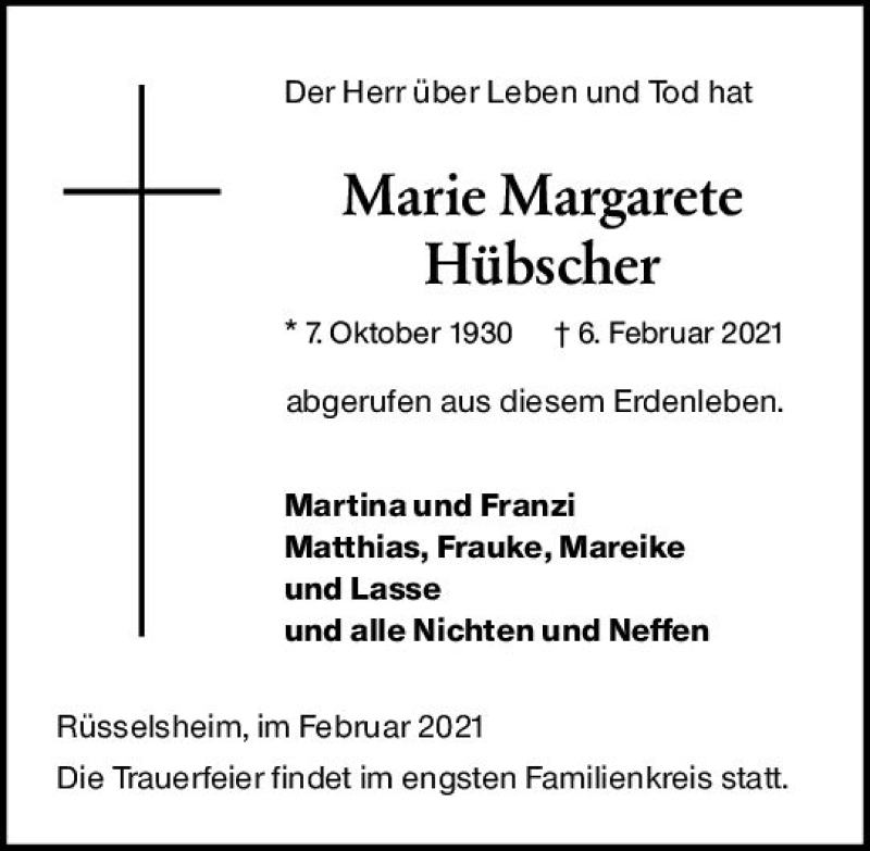  Traueranzeige für Marie Margarete Hübscher vom 13.02.2021 aus vrm-trauer