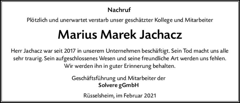  Traueranzeige für Marius Marek Jachacz vom 18.02.2021 aus vrm-trauer