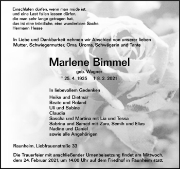 Traueranzeige von Marlene Bimmel von vrm-trauer