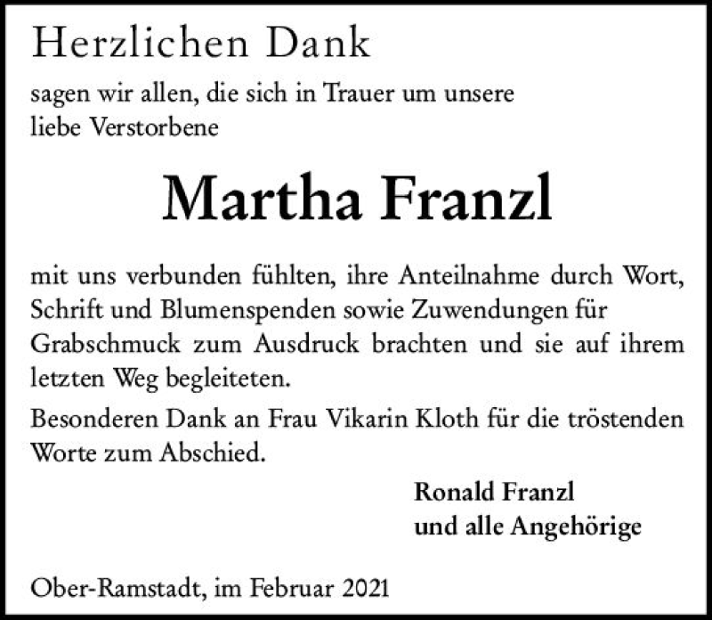  Traueranzeige für Martha Franzl vom 20.02.2021 aus vrm-trauer