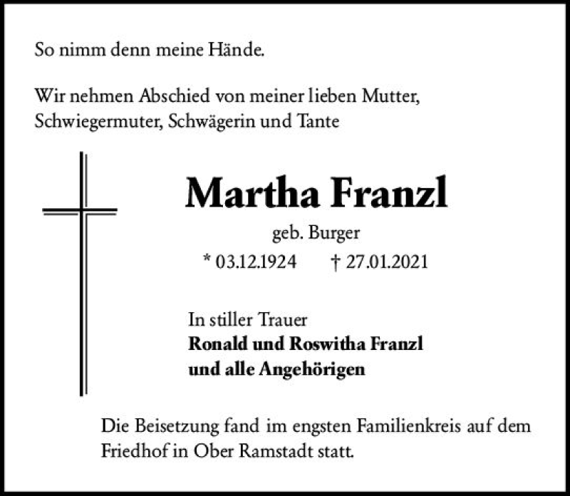  Traueranzeige für Martha Franzl vom 06.02.2021 aus vrm-trauer