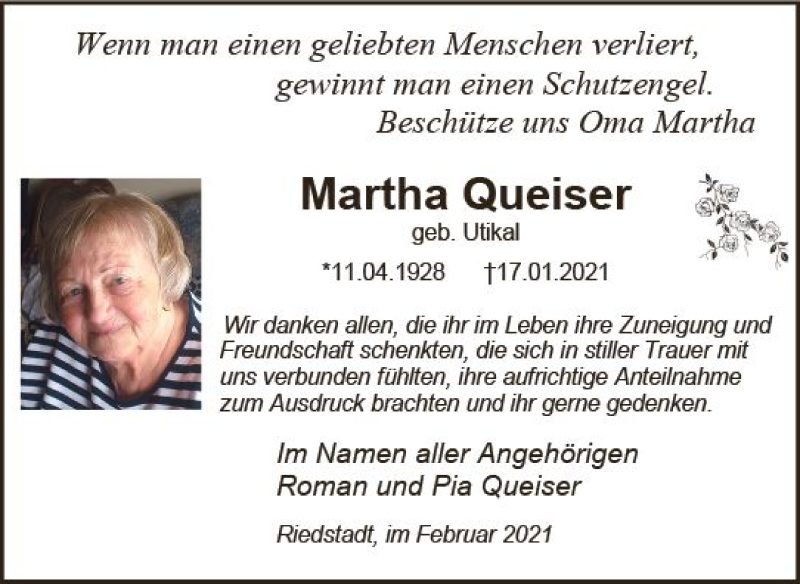  Traueranzeige für Martha Queiser vom 13.02.2021 aus vrm-trauer