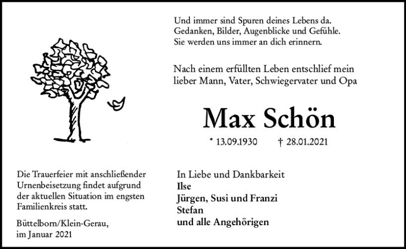  Traueranzeige für Max Schön vom 06.02.2021 aus vrm-trauer