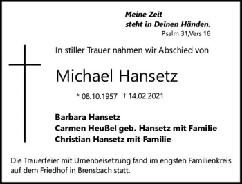 Traueranzeige von Michael Hansetz von vrm-trauer