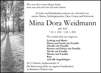 Traueranzeige von Mina Dora Weidmann von vrm-trauer