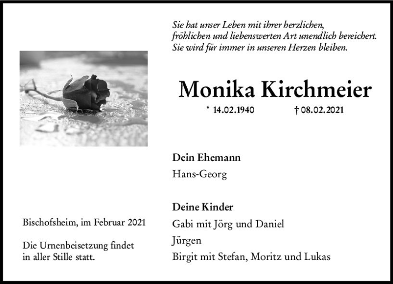  Traueranzeige für Monika Kirchmeier vom 13.02.2021 aus vrm-trauer