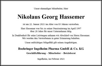 Traueranzeige von Nikolaus Georg Hassemer von vrm-trauer