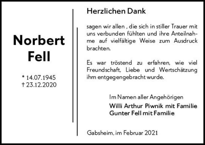  Traueranzeige für Norbert Fell vom 25.02.2021 aus vrm-trauer