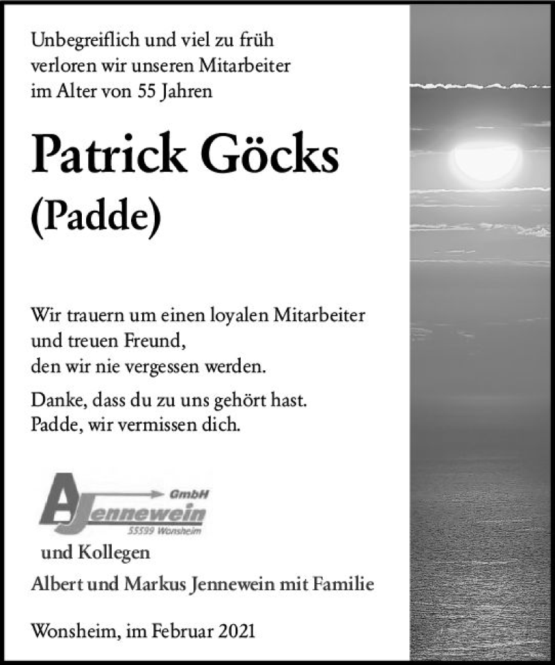  Traueranzeige für Patrick Göcks vom 02.02.2021 aus vrm-trauer