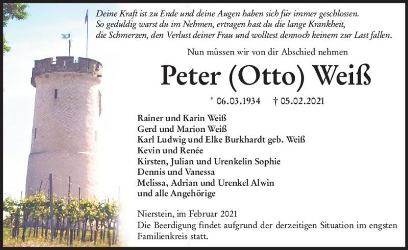  Traueranzeige für Peter Weiß vom 13.02.2021 aus vrm-trauer