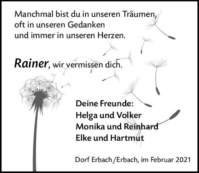  Traueranzeige für Rainer  vom 13.02.2021 aus vrm-trauer