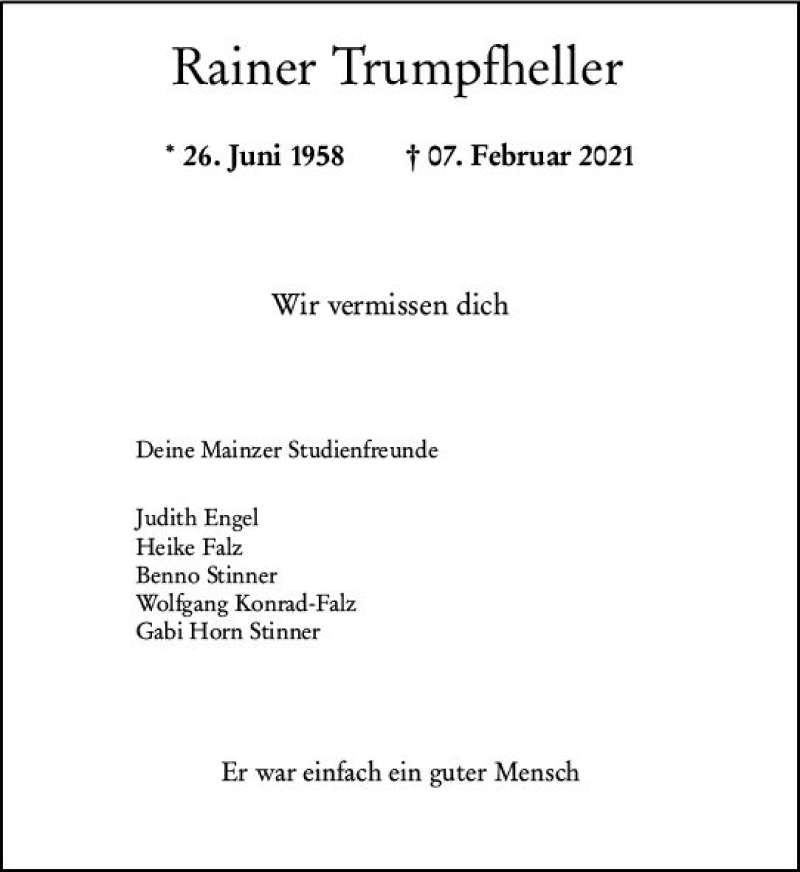  Traueranzeige für Rainer Trumpfheller vom 13.02.2021 aus vrm-trauer