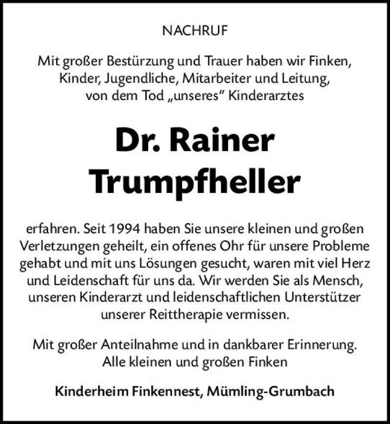  Traueranzeige für Rainer Trumpfheller vom 20.02.2021 aus vrm-trauer