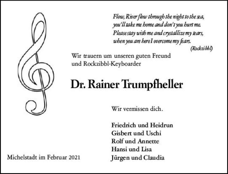  Traueranzeige für Rainer Trumpfheller vom 13.02.2021 aus vrm-trauer