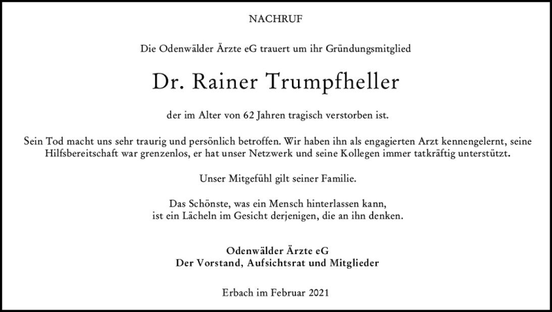  Traueranzeige für Rainer Trumpfheller vom 13.02.2021 aus vrm-trauer