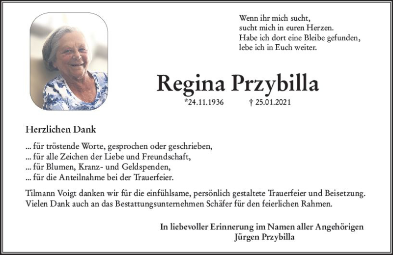  Traueranzeige für Regina Przybilla vom 20.02.2021 aus vrm-trauer