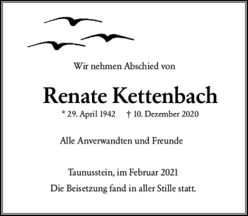 Traueranzeige von Renate Kettenbach von vrm-trauer