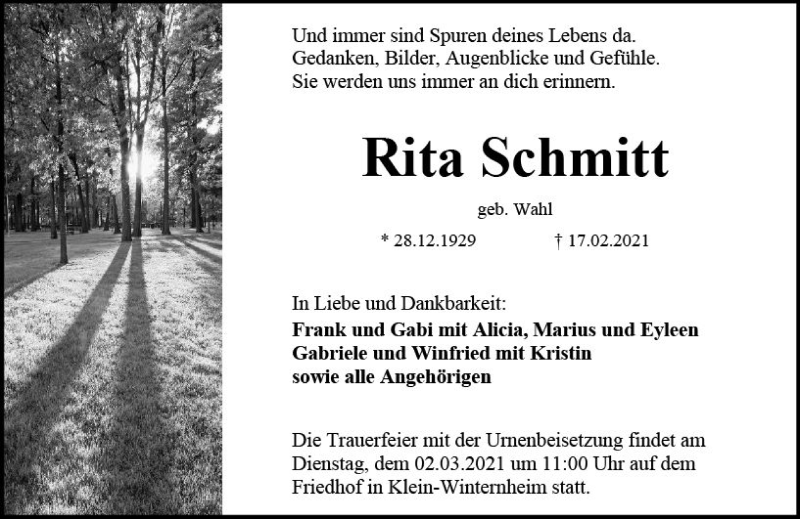  Traueranzeige für Rita Schmitt vom 20.02.2021 aus vrm-trauer
