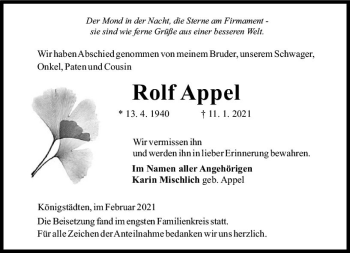 Traueranzeige von Rolf Appel von vrm-trauer