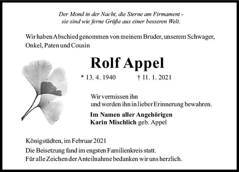  Traueranzeige für Rolf Appel vom 06.02.2021 aus vrm-trauer