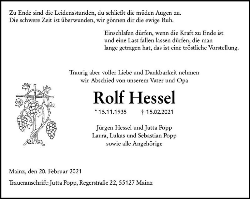  Traueranzeige für Rolf Hessel vom 20.02.2021 aus vrm-trauer