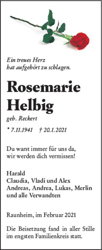 Traueranzeige von Rosemarie Helbig von vrm-trauer