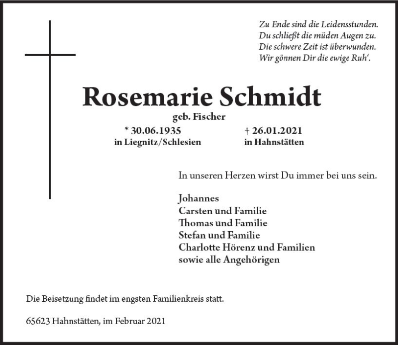  Traueranzeige für Rosemarie Schmidt vom 02.02.2021 aus vrm-trauer