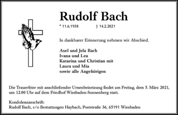 Traueranzeige von Rudolf Bach von vrm-trauer