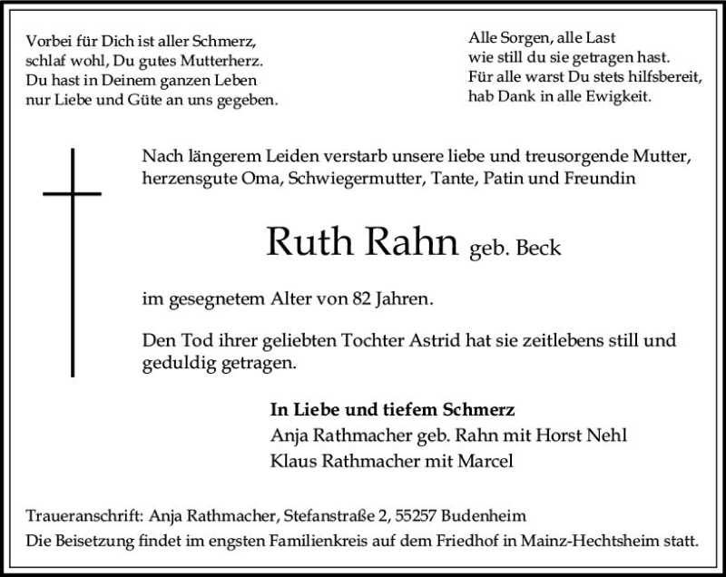  Traueranzeige für Ruth Rahn vom 27.02.2021 aus vrm-trauer