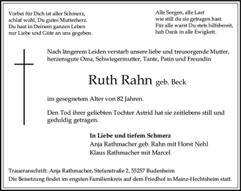 Traueranzeige von Ruth Rahn von vrm-trauer