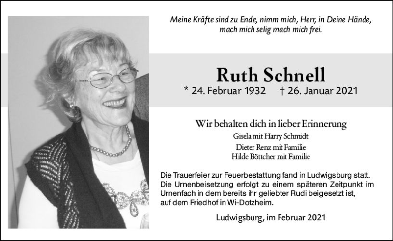  Traueranzeige für Ruth Schnell vom 06.02.2021 aus vrm-trauer