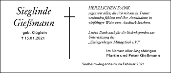 Traueranzeige von Sieglinde Gießmann von vrm-trauer