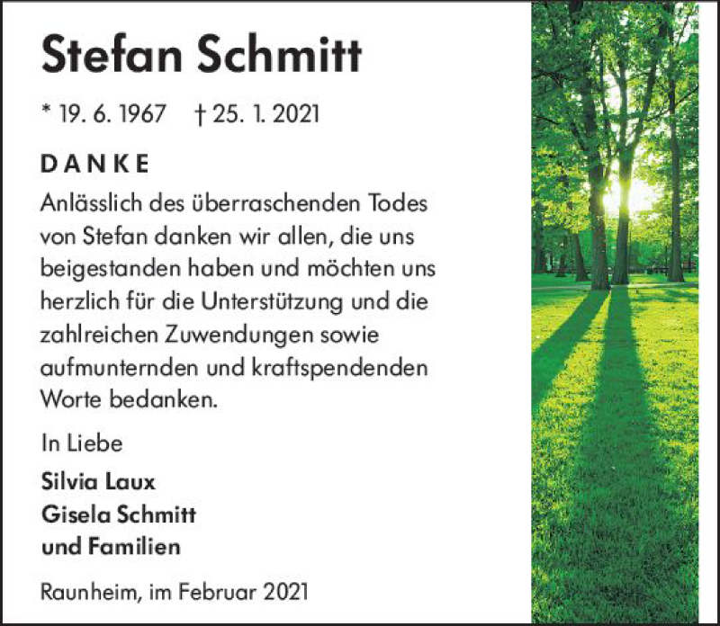  Traueranzeige für Stefan Schmitt vom 13.02.2021 aus vrm-trauer