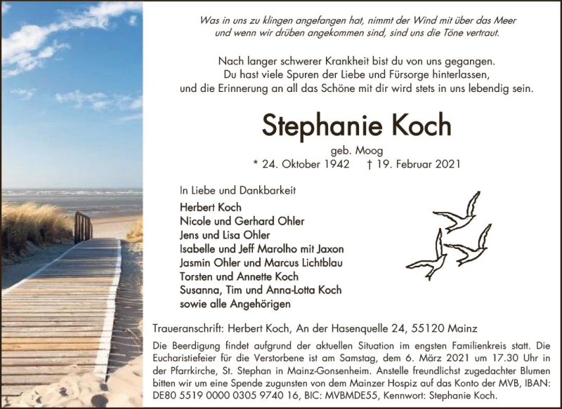  Traueranzeige für Stephanie Koch vom 27.02.2021 aus vrm-trauer