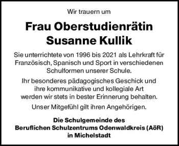 Traueranzeige von Susanne Kullik von vrm-trauer