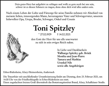 Traueranzeige von Toni Spitzley von vrm-trauer