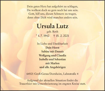 Traueranzeige von Ursula Lutz von vrm-trauer