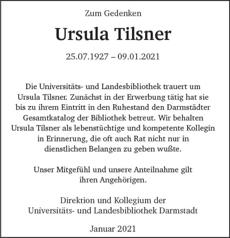  Traueranzeige für Ursula Tilsner vom 01.02.2021 aus vrm-trauer