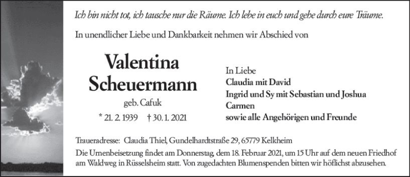  Traueranzeige für Valentina Scheuermann vom 13.02.2021 aus vrm-trauer