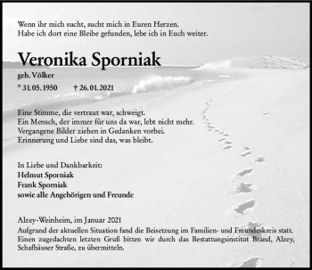 Traueranzeige von Veronika Sporniak von vrm-trauer