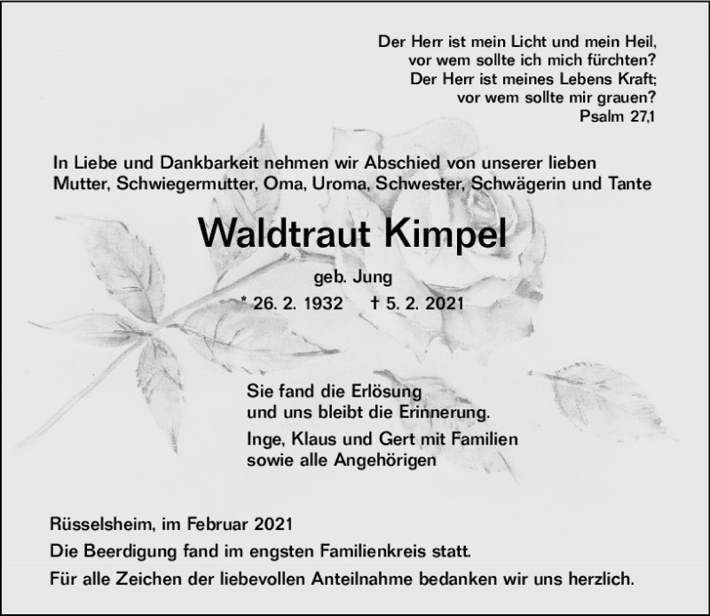  Traueranzeige für Waldtraut Kimpel vom 13.02.2021 aus vrm-trauer