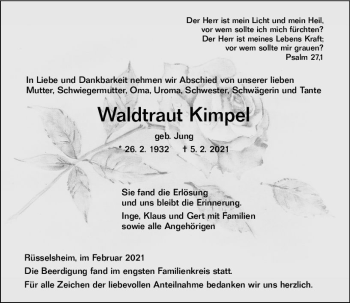 Traueranzeige von Waldtraut Kimpel von vrm-trauer