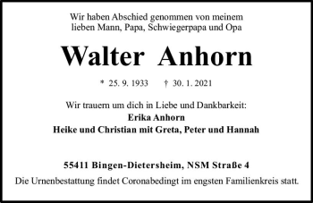Traueranzeige von Walter Anhorn von vrm-trauer
