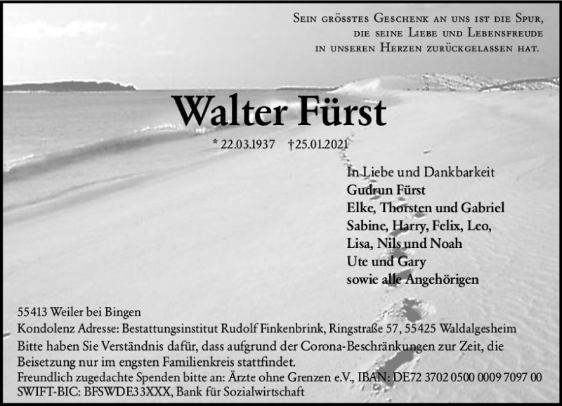  Traueranzeige für Walter Fürst vom 10.02.2021 aus vrm-trauer