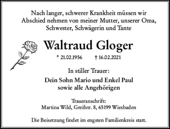 Traueranzeige von Waltraud Gloger von vrm-trauer