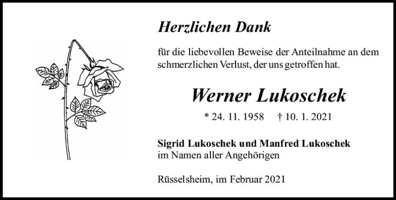  Traueranzeige für Werner Lukoschek vom 06.02.2021 aus vrm-trauer