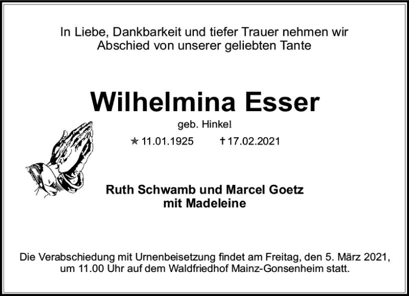  Traueranzeige für Wilhelmina Esser vom 27.02.2021 aus vrm-trauer