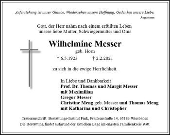 Traueranzeige von Wilhelmine Messer von vrm-trauer